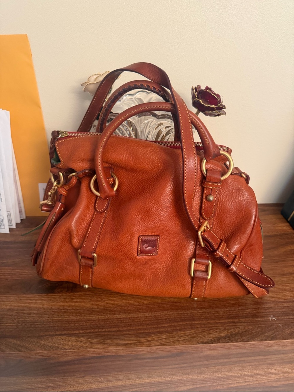 Dooney & Bourke florentine Leather Satchel with Gold Hardware in natural color